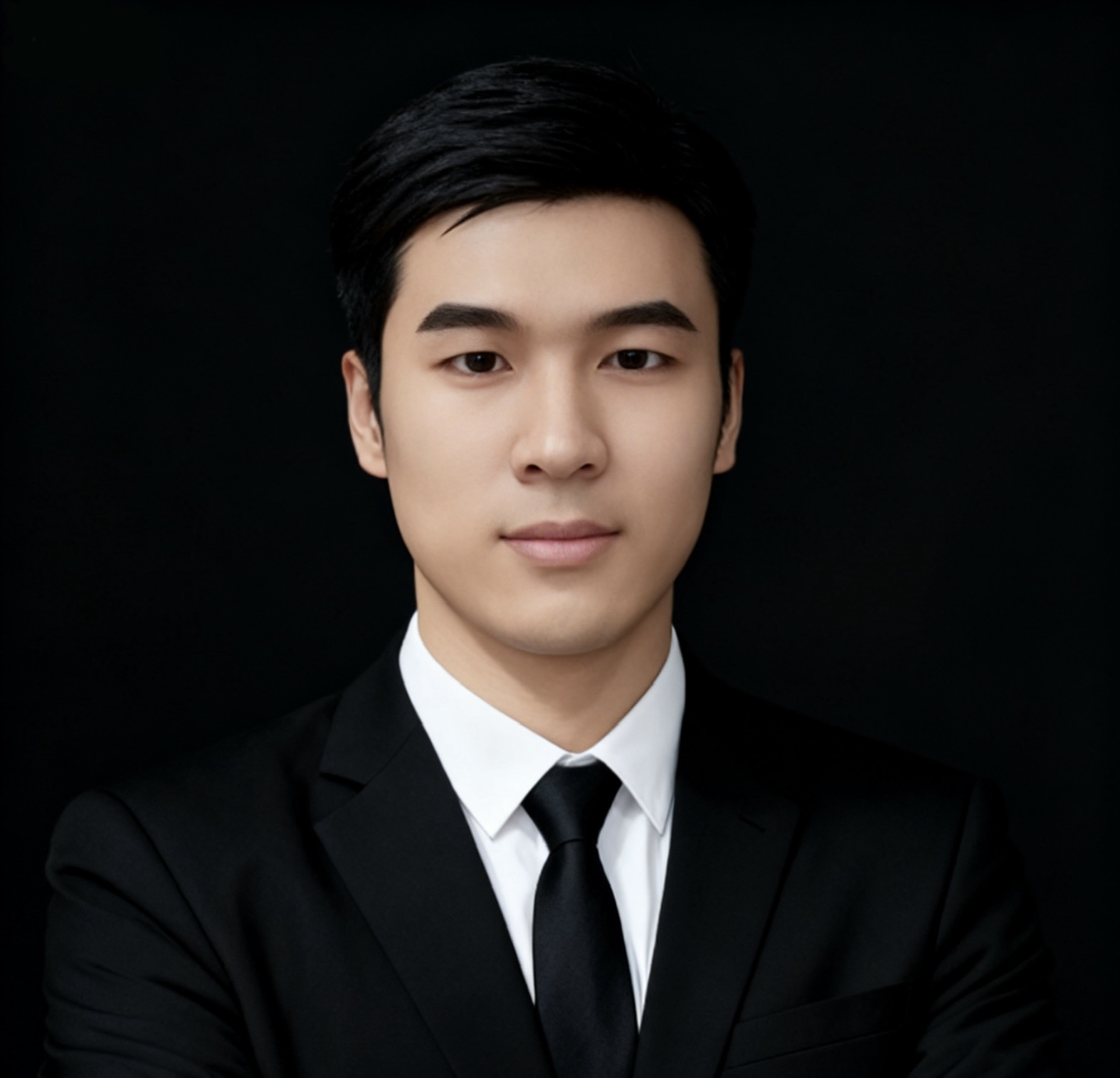 三十岁左右男性工程师头像，穿黑色西装，白色背景，专业商务风格